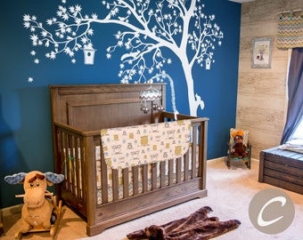 Temporary Huge White tree Wall Decal Nursery Tree Birds with birdhouse and squirrels Wall Sticker Wall decor AM002