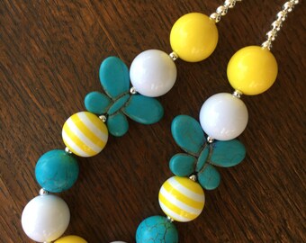 Teal/Aqua and Yellow Spring Butterfly Chunky Bubblegum Bead Necklace