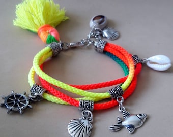 Tassel anklet, Boho Colorful charms ankle jewelry, Little girls Ibiza style anklet with neon colors cotton cord,