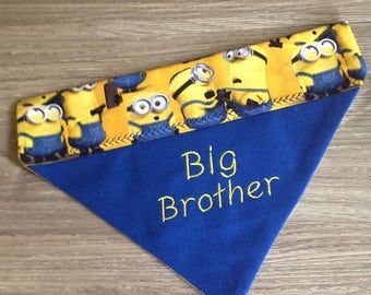 Fun Personalized Dog Bandana, Big Brother, in Blue with Contrast Minions Print, in Slide Thru Collar Design Sml or Med