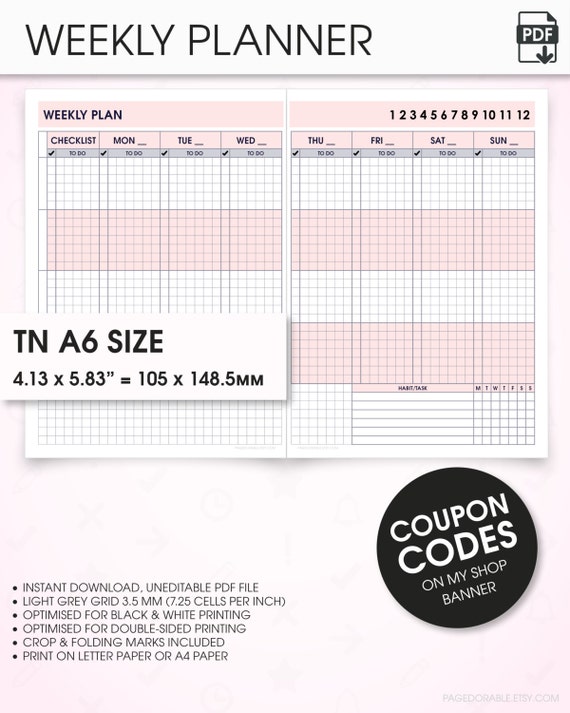 Weekly a6 travelers notebook inserts printable undated wo2p.v8