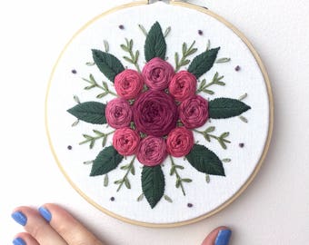 Roseburst {6" Embroidered Hoop} // embroidery art, embroidery hoop, floral embroidery