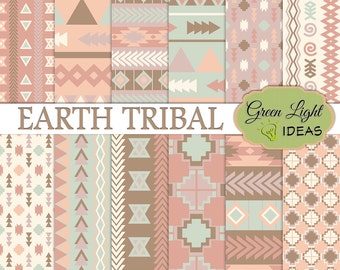 Earth Tribal Digital Papers, Tribal Arrows Scrapbook Paper, Aztec Navajo Tribal Background, Geometric Fall Commercial Use Printable Paper