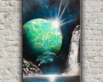 Blue Green planet Spray painting Original painting Scifi Landscape Space star Universe painting Abstract painting Astronomy art Wall decor