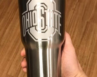 30oz Ohio State Buckeyes Football Engraved Stainless Steel Thermos Yeti Rambler RTIC Tumbler Ozark Trail Gift Personalized