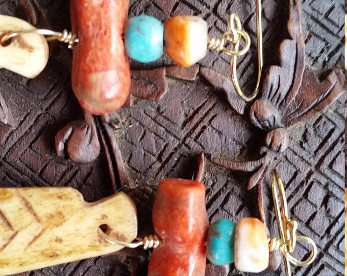 Bohemian Earrings Featuring Bone, Coral, Spiny Oyster and Turquoise