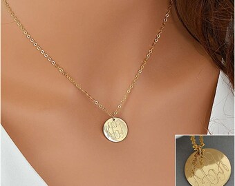 Gold Disc Necklace, Monogram Necklace Gold, Engraved Disc, Gift For Her, Personalized Disc Necklace, Gold Monogram