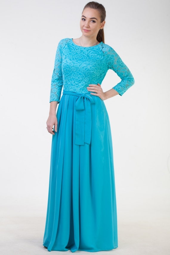 Long turquoise lace dress Turquoise bridesmaid dress Long