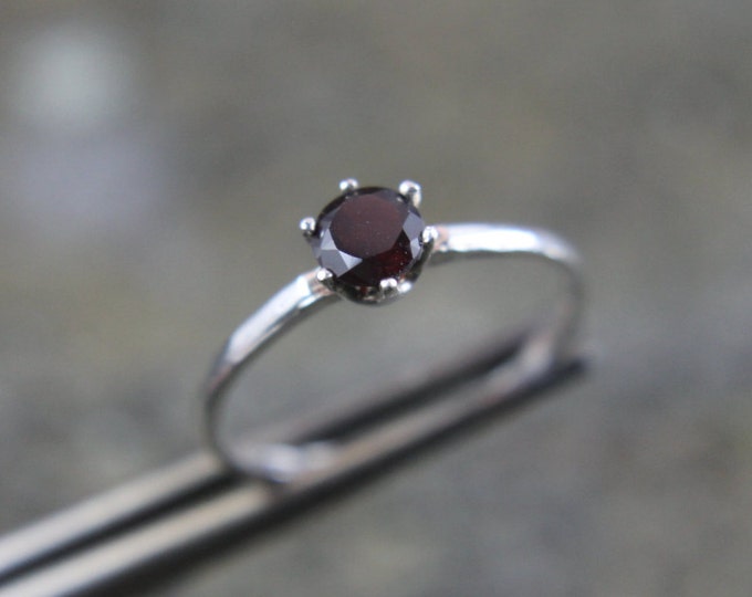 Sterling Silver 6 Prong Round Dark Red Garnet Gemstone Solitaire Ring Size 7, January Birthstone, Birthday Gift, Stacking Promise Ring