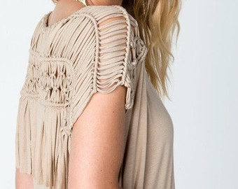 BOHO Heroine Fashions: BOHO-Chic Macrame Fringe Top In Taupe/Beige