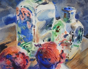 Home Decor Watercolor Painting - Art Print - Still Life with Bottles #2