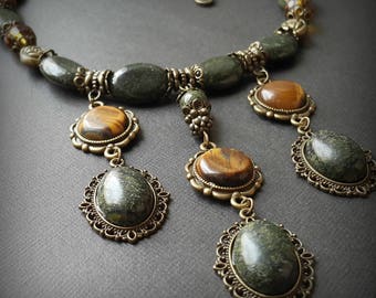 serpentine necklace dark green necklace tigereye necklace tigers eye choker natural stones collar tiger-eye beads green evening jewelry