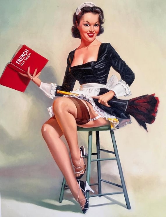 FRENCH LESSONS 12x18 French MAID Pinup Girl 1940s Early.