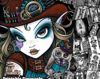 15 Pages - Set 4 - Steampunk Beauties - Printable Coloring Book- Grayscale - Myka Jelina - Fairy Coloring Book - Coloring Pages - Download