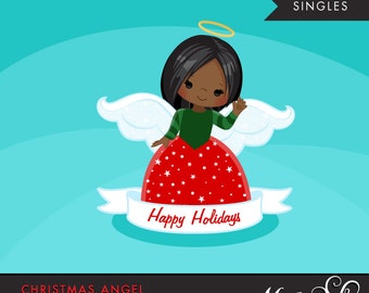Christmas Angel Clipart 2. Dark skin African American, holiday, ornaments, illustration, graphic, cute, character, religious