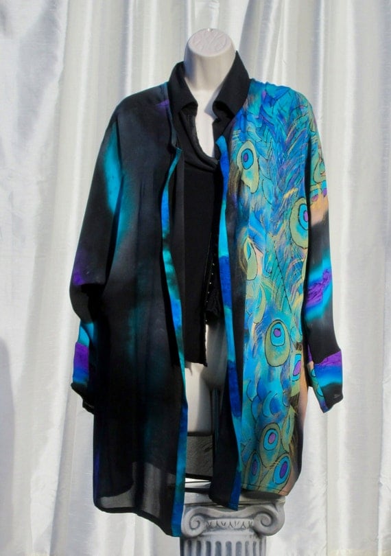 Hand Painted Silk Blouse with Peacock Feather Motif - Free Domestic Shipping