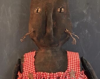 Primitive Black Doll Easter Bunny Spring Rabbit Named Reba Red Dress
