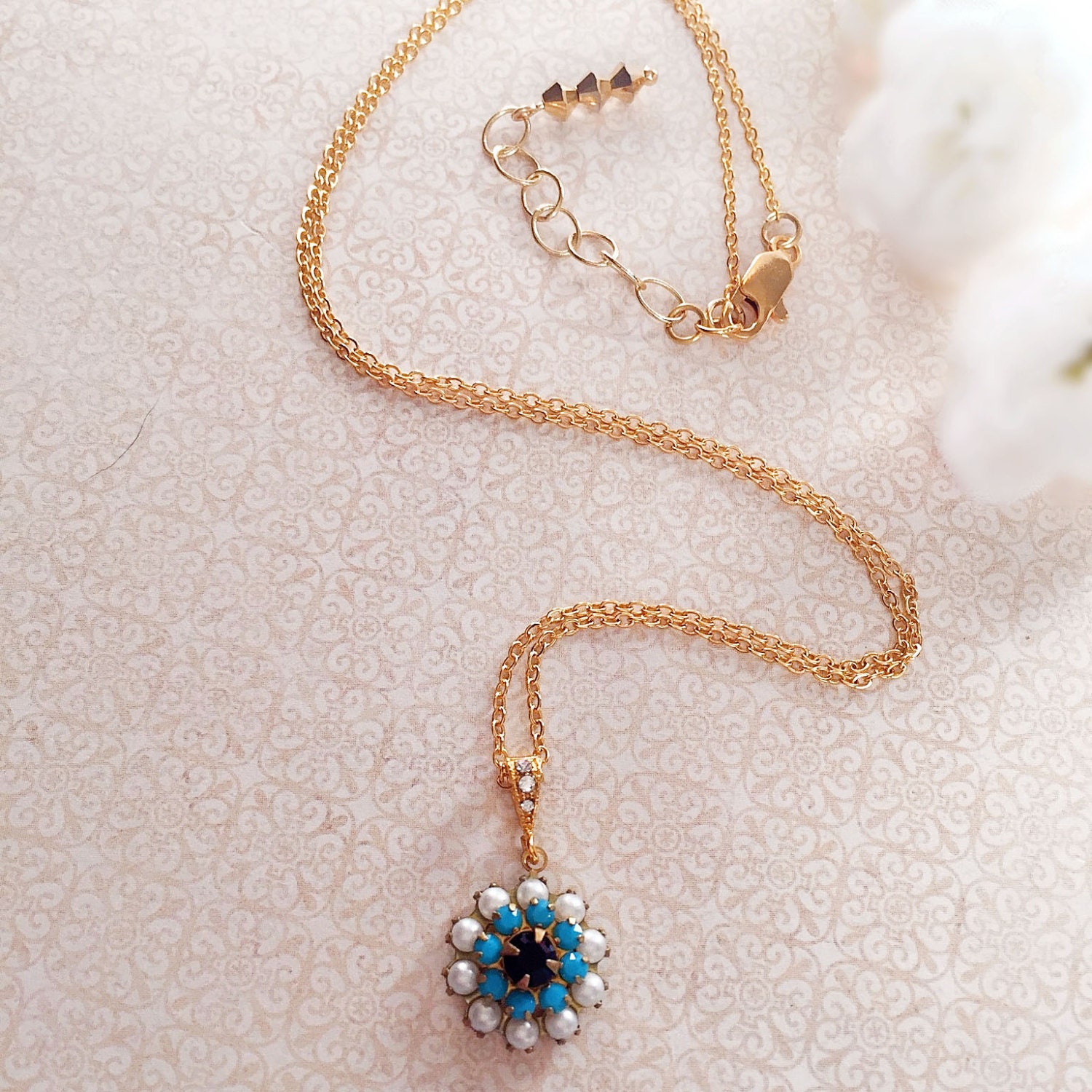 Flower Necklace - Spring Jewelry - Blue - Spring Necklace - Crystal - FIORE Cerulean