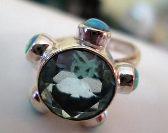 RING - Blue TOPAZ - Surrounded by Fire OPALS - 925 - Sterling Silver - size 8 blue 484