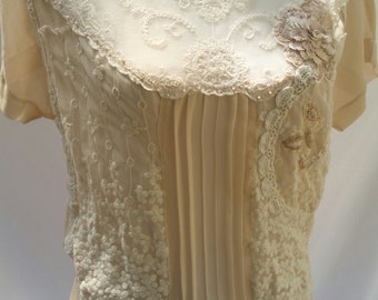 art to wear, womens lace top, beige lace top, victorian top, shabby cottage, vintage lace top, bohemian clothing, boho lace top