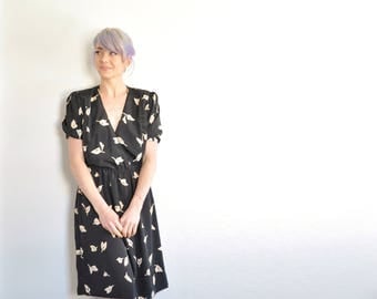1980 leaf print black dress . novelty kitsch nature pattern frock .small.medium .sale
