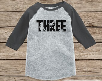 Dinosaur Birthday Shirt - Boys Third Birthday Dino Tshirt - Dino Birthday Shirt - Grey Raglan Dinosaur 3rd Birthday Shirt - Dino Three Shirt