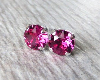 Magenta Swarovski Stud Earrings, Crystal Rhinestone Stud Earrings, Fuchsia Prism Post Earrings, Silver Round Crystal Studs, Gift for Her