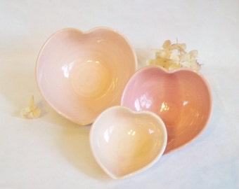Nesting Heart Bowls - Set of 3, Handmade, Shades of Soft Pink - 5inch Diameter - Lovely Mothers Day Gift - Ready to Ship - Actual Set