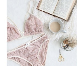 Pale Pink Sheer 'First Blush' Rose Quartz Lace and Ivory Strappy Lingerie Bra and Panties Set Handmade to Order by Ohh Lulu