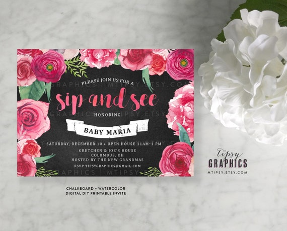 Floral Pink Roses Sip & See Bridal Shower Printable DiY Invitation. Any Occasion. Watercolor Calligraphy. By Tipsy Graphics Il_570xn