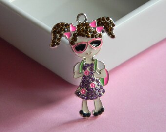 Brunette Girl w/ Backpack and Sunglasses Rhinestone Pendant Back to School Necklace Key Chain Zipper Pull Jewelry Purple Dress & Pink Bows