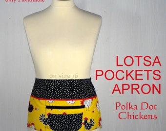 Lotsa Pockets Apron, Vendor Apron with zipper pocket, Teacher- Waitress- Farmer's Market - Polka Dot Chickens, LIMITED EDITION ready to ship