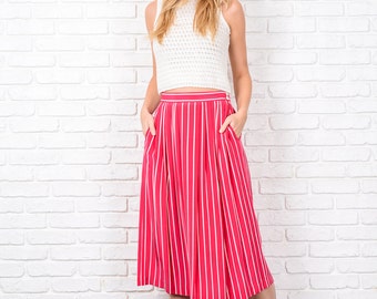 Vintage 80s Pink Striped Skirt Pleated High Waist White A-Line Small S 8708