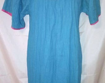 BIG FALL SALE 70s Vintage Gauze Peasant Casual House Dress-MuuMuu-Beach Resort Lounge Hipster Hippie-Appliques-Size 6-Medium-38" Bust-India