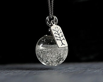 SNOW GLOBE winter landscape necklace. Tiny floating sterling pieces in liquid orb. 925 enameled tree and necklace. Gift for her.