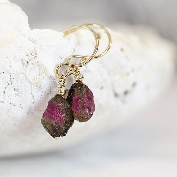 Watermelon Tourmaline Earrings - Raw Stone Earrings