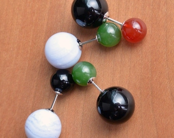 Double Face Earrings, Double Sided Earrings, Onyx, Jade, Carnelian, Turquoise, and Chalcedony on Sterling Silver. You choose color combo!