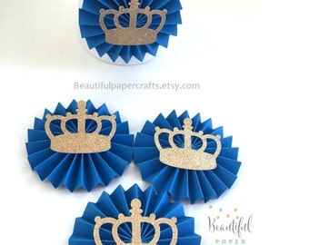 1st Birthday Prince Party Decorations | Royal Blue and Gold Glitter Crown | Little Prince Party| Prince Gold Crown | Candy Bar Paper Rosette