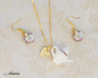 Personalized teaset jewelry set, custom initial gold rim flowers, miniature porcelain, miniature teacups, teapot, custom stamped tags