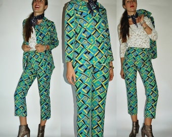 1960s Printed Co-Ord Green Blue High Waist Trouser and Blazer Pantsuit Set