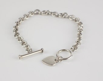 Sterling Silver T-Bar Chunky Flat Chain Link Bracelet with Heart