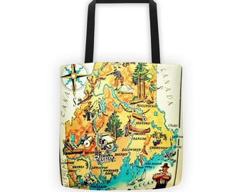 Illustrated Maine tote bag, Maine Map Beach Bag, Maine Home Gift, 15x15 beach bag, Maine state map tote bag, Maine Home, housewarming gift