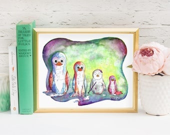 Baby Penguin Nursery Wall Art Illustration - Penguin Print - Watercolor Penguin Painting w Nesting Dolls - Quirky Whimsical Kids Room Decor
