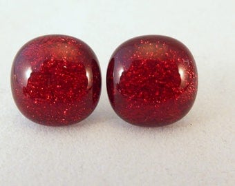 Red Stud Earrings, Fused Glass, Dichroic, Fused Glass Earrings, Glass Earrings, Dichroic Earrings, Stud Earrings, Dichroic, Studs, Red