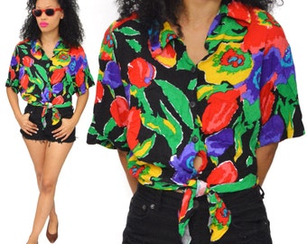 Vintage 80s Impressions Multicolor Floral Belly Tied Button Down Shirt Top