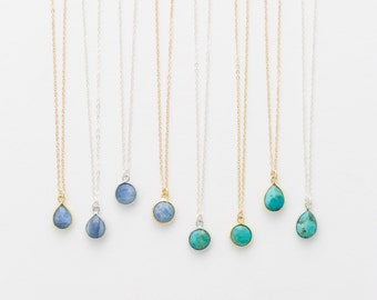 Tiny Stone Pendant Necklace • Circle or Teardrop Pendant • Turquoise and Blue Opal • on 14k Gold Fill, Sterling Silver LN720, LN721
