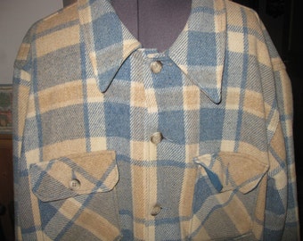 Mens LG vtg Eddie Bauer Aqua Beige Check Wool Shirt Jacket / 70s USA CPO type jacket free ship awesome woodland vtg 70s