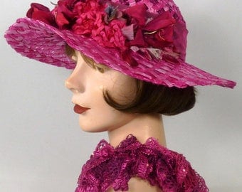 Hot Pink Straw Kentucky Derby Hat - Vintage Flowers Roses - Hand Dyed Vintage Woven Straw Braid - Church - Luncheon - Races - Cancer Events