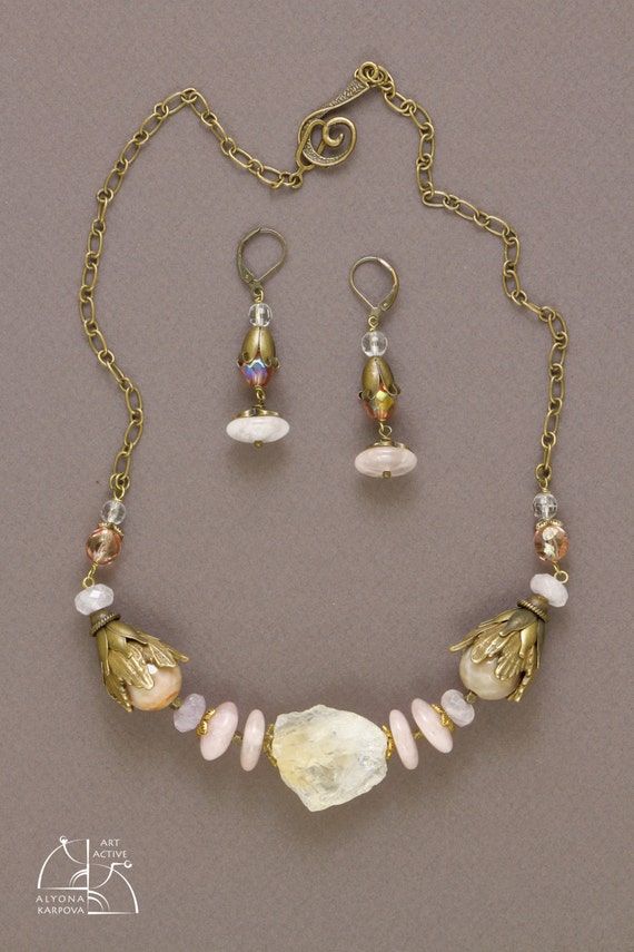 Citrine vintage jewelry set. Unusual necklace, long rose quartz earrings. Art nouveau jewel. Beautiful gift for her