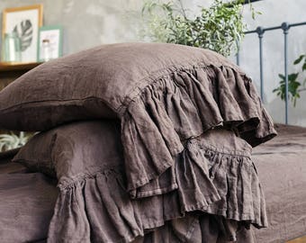 Linen RUFFLE PILLOW SHAM. Chocolate brown color linen pillow case. Queen King Standard pillowcase - Stonewashed and soft.